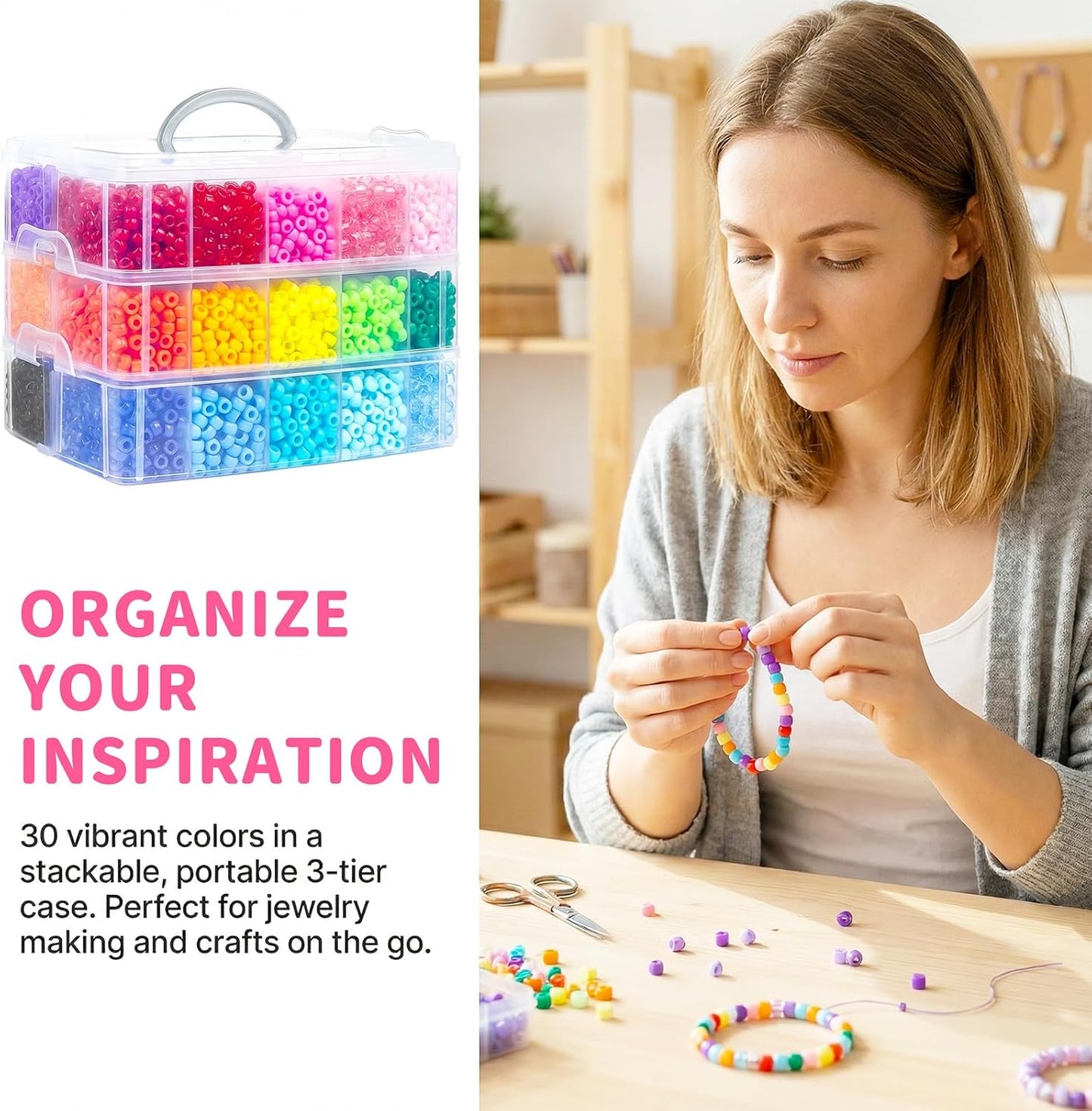 Pony Beads Bulk for Jewelry Making, 30+ Colorful 10000+Perler Beads for Bracelets, Necklaces & Crafts, Premium Plastic Beads Kit