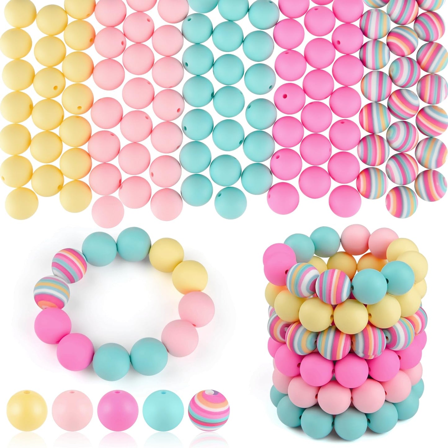 ASTARON 100 Pcs 15mm Silicone Beads for Keychain Making, Purple Pink Silicone Beads Round Bulk for Bracelets Pens Crafts Supplies