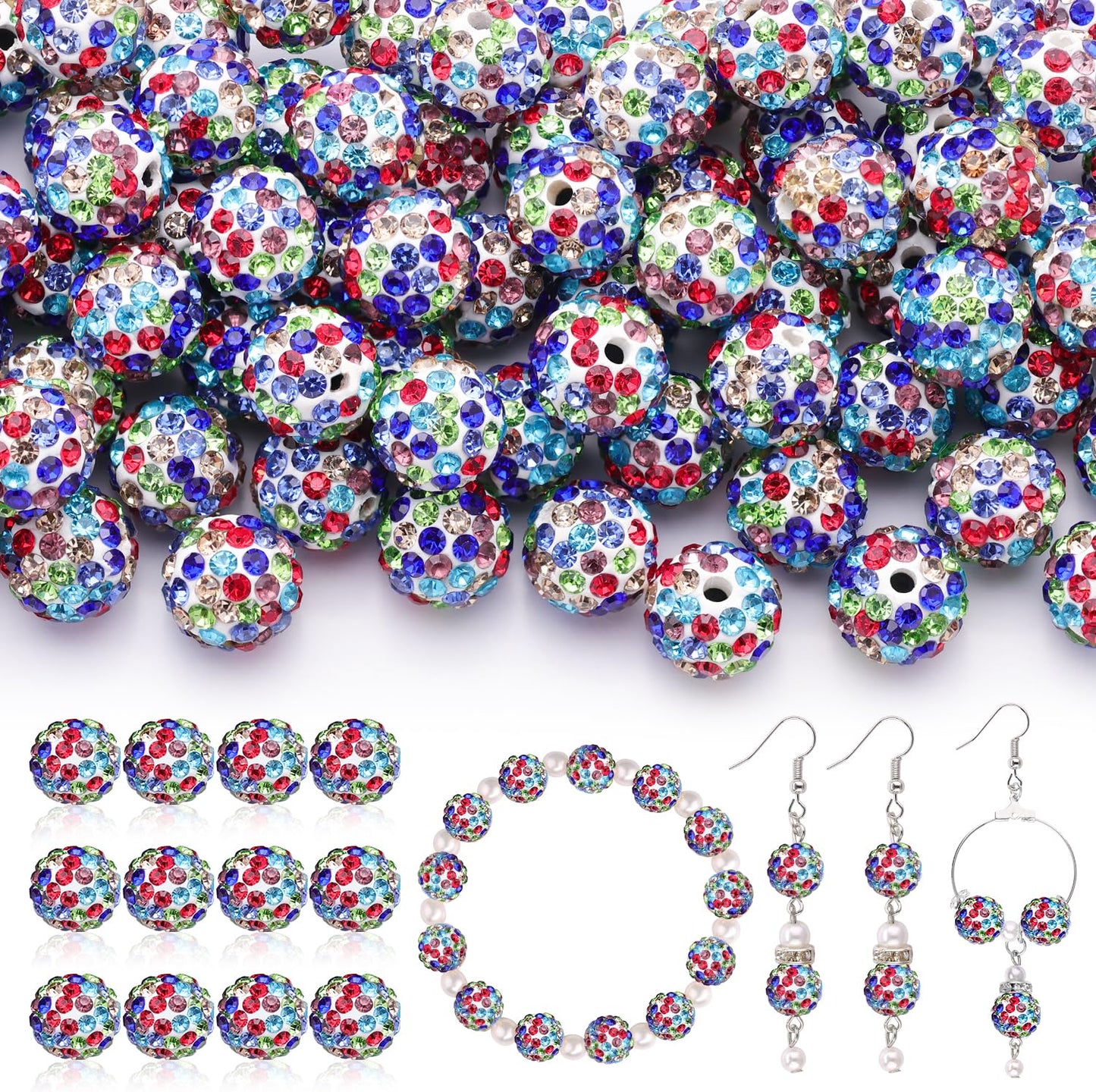 120 pcs 10mm Rhinestone Beads for Jewelry Making, 12 Mixed Colors Shiny Round Shamballa Disco Ball Beads, Sparkle Crystal Clay Christmas for Bracelet Baseball Necklace Earring and DIY