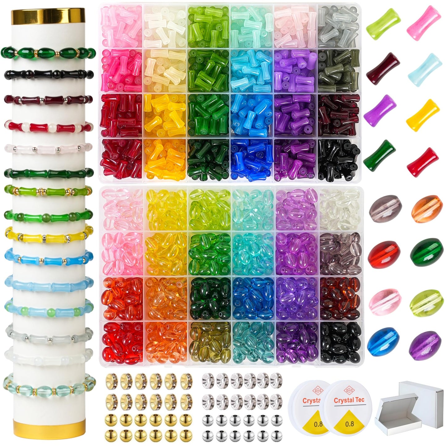 REVKI 1300PCS 8mm Mixed Crackle Glass Beads for Bracelets Making with Accessories, 48 Colors Crystal Glass Beads Jewelry Making Kit, Round Beads for DIY Bracelet Crafts