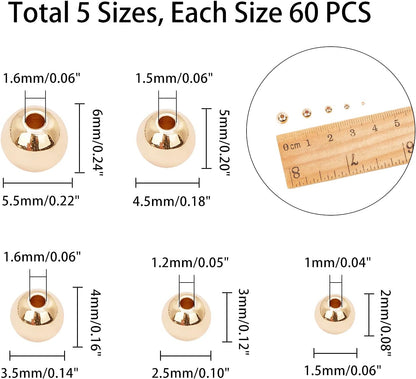 PH PandaHall 14K Gold Plated Spacer Beads, 300pcs Round Brass Beads 5 Size Metal Smooth Beads Seamless Ball Beads Long-lasting Little Beads for Summer Bracelet Necklace Jewelry DIY Crafts(2/3/4/5/6mm)
