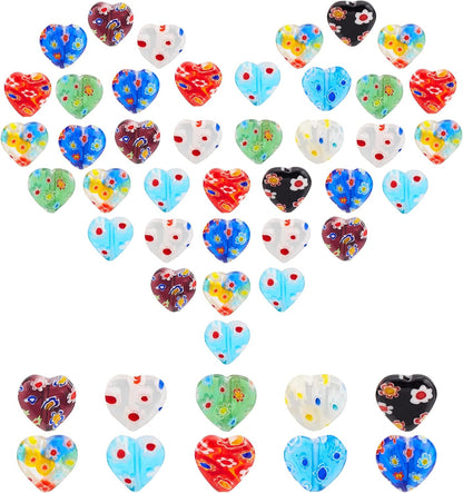 PH PandaHall 12mm Lampwork Flat Heart Glass Beads, 80 Pcs 8 Colors Millefiori Spacer Beads Love Heart Bead Charms for DIY Jewelry Bracelet Neclace Valentine's Mother's Day Birthday Gift
