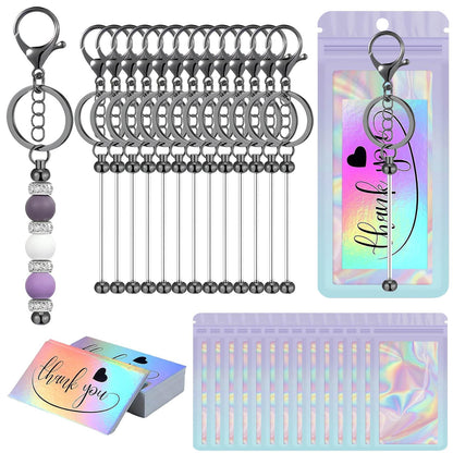 42/84/126 Pcs Beadable Keychain Bars Bulk Blank DIY Beaded Keychain Making Supplies with Bag Thank You Card