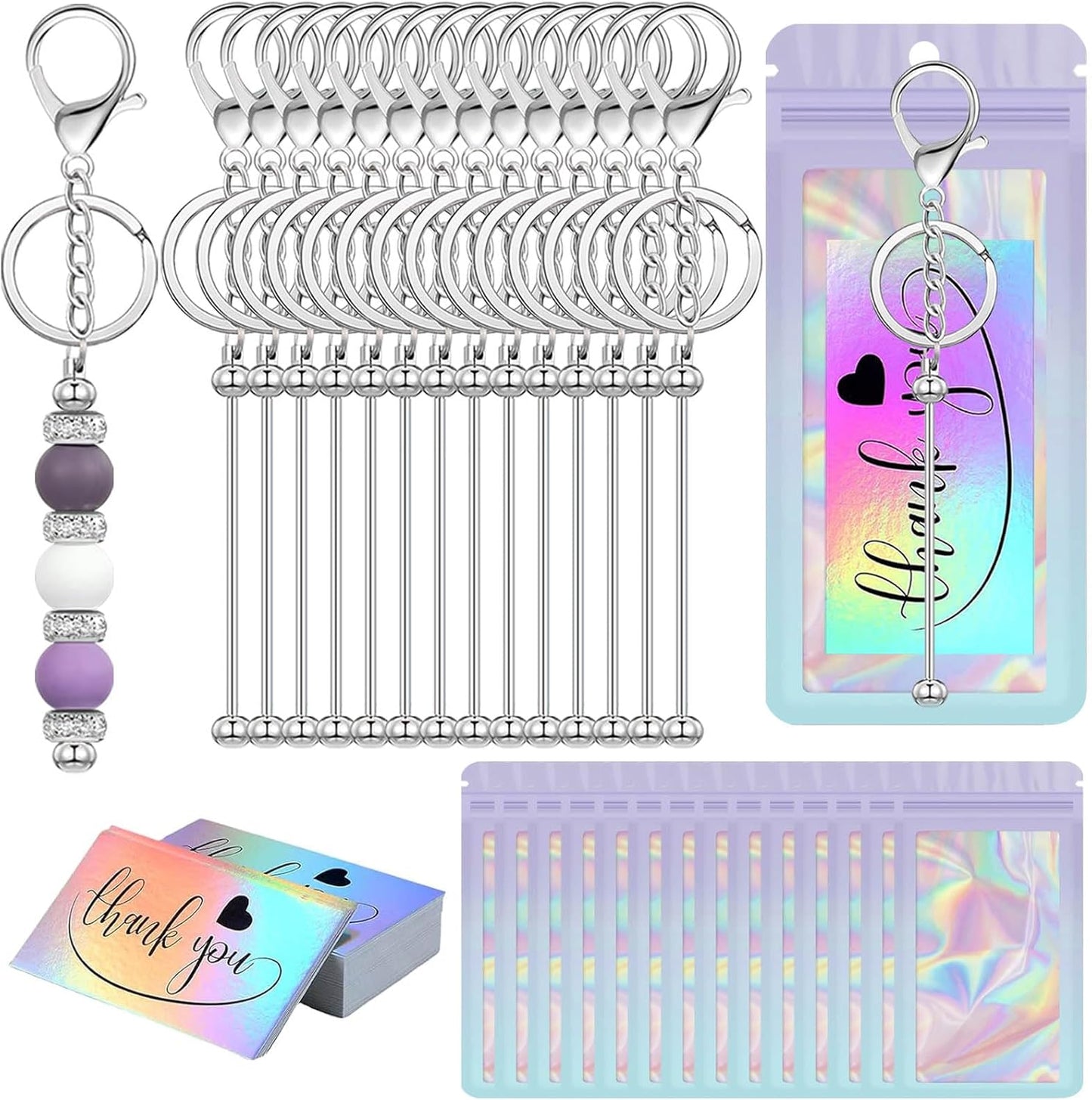 42/84/126 Pcs Beadable Keychain Bars Bulk Blank DIY Beaded Keychain Making Supplies with Bag Thank You Card