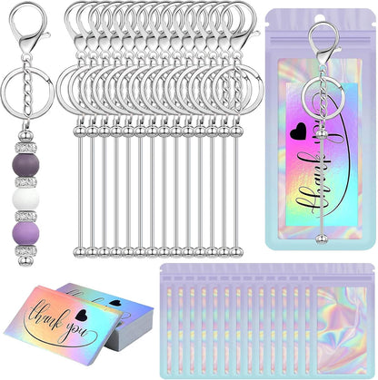 42/84/126 Pcs Beadable Keychain Bars Bulk Blank DIY Beaded Keychain Making Supplies with Bag Thank You Card