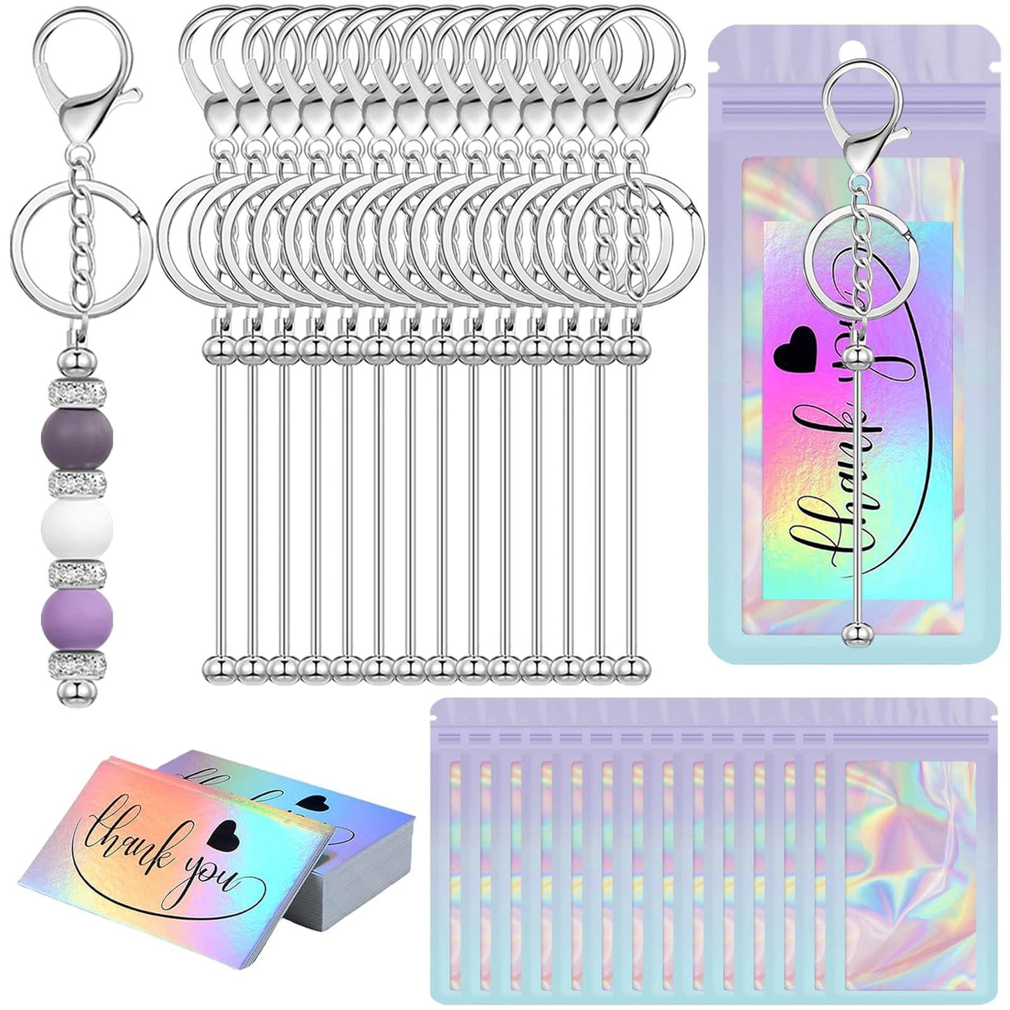 42/84/126 Pcs Beadable Keychain Bars Bulk Blank DIY Beaded Keychain Making Supplies with Bag Thank You Card