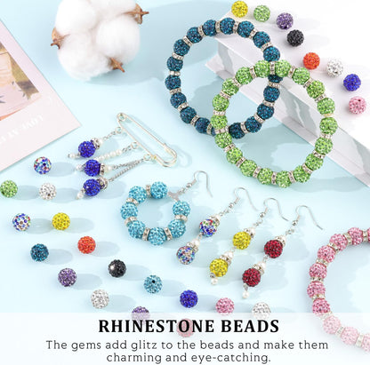 120 pcs 10mm Rhinestone Beads for Jewelry Making, 12 Mixed Colors Shiny Round Shamballa Disco Ball Beads, Sparkle Crystal Clay Christmas for Bracelet Baseball Necklace Earring and DIY