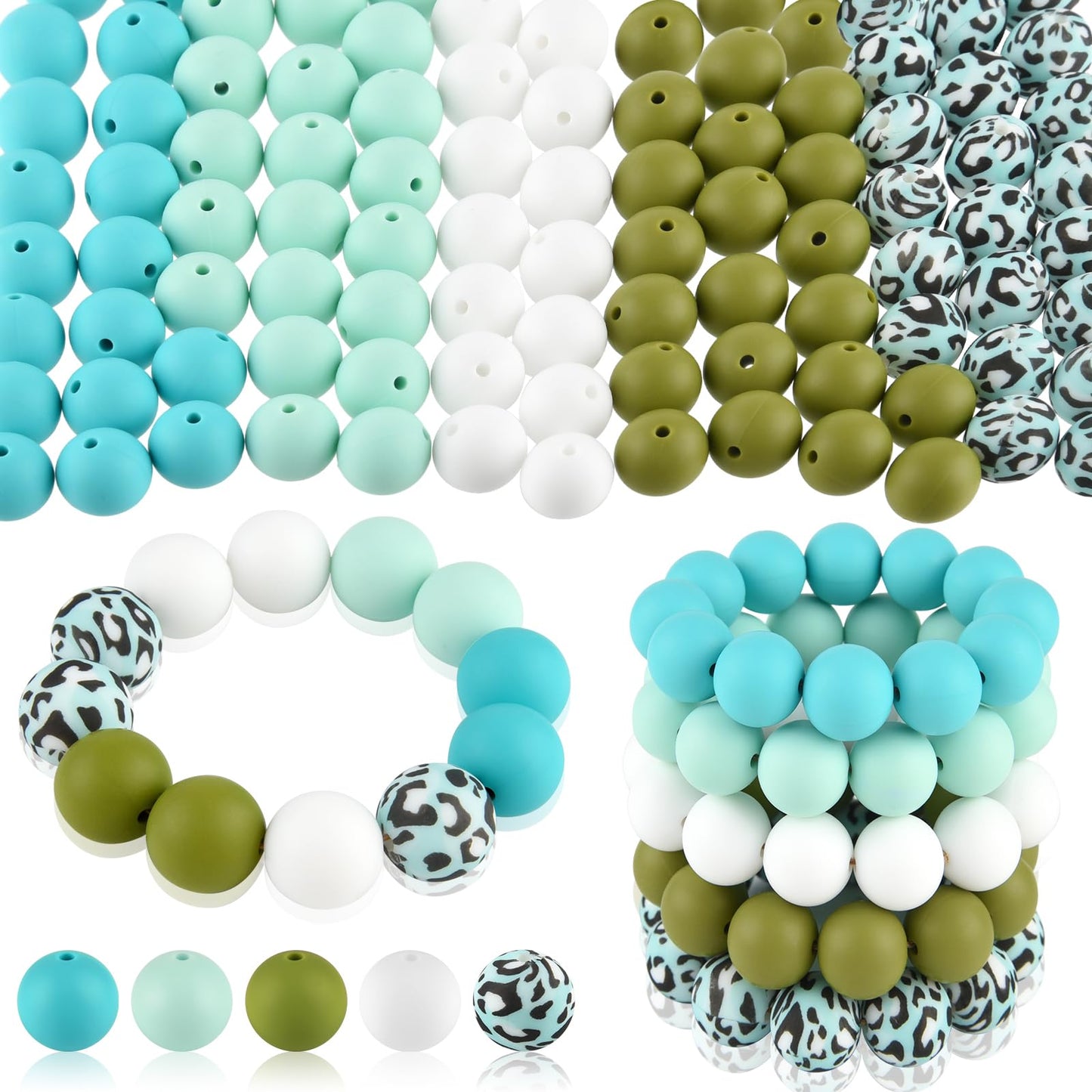 ASTARON 100 Pcs 15mm Silicone Beads for Keychain Making, White Blue Silicone Round Beads Bulk for Bracelets Pens Crafts Supplies