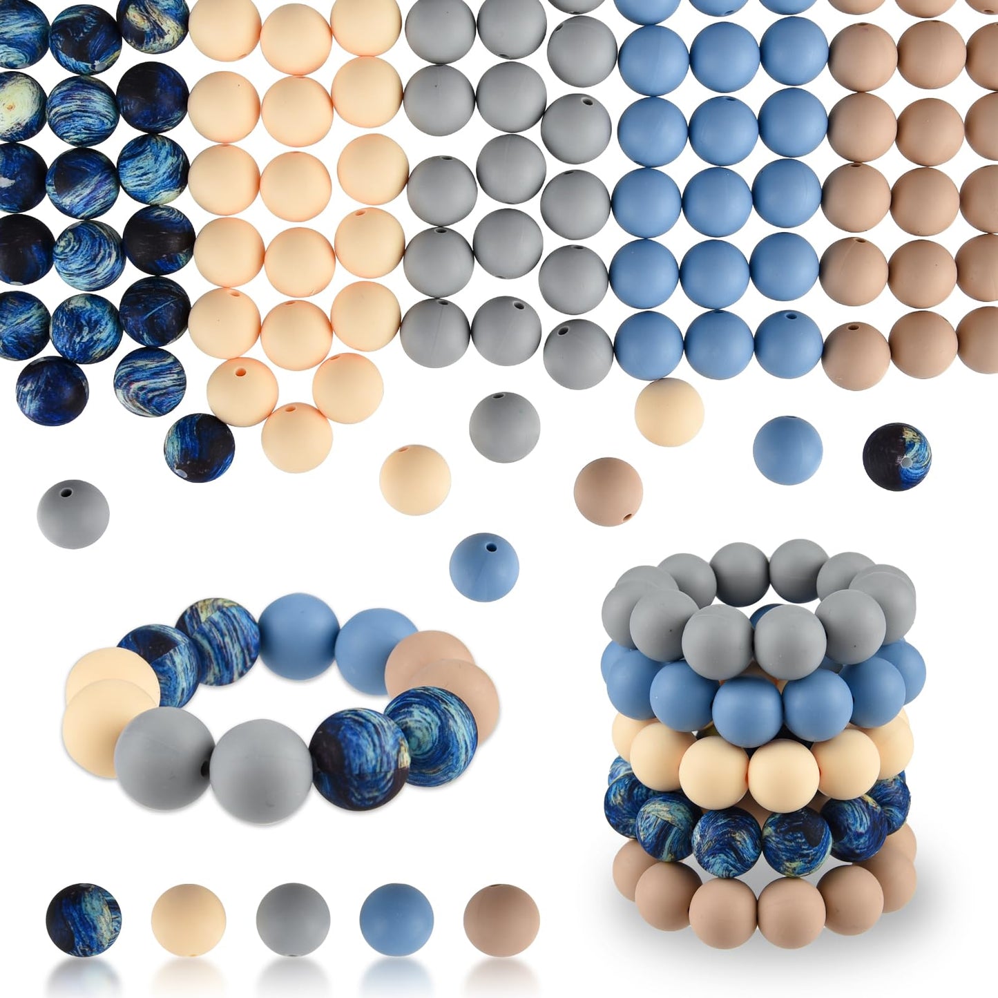 ASTARON 100 Pcs 15mm Silicone Beads for Keychain Making, Yellow Green Blue Pink Silicone Bulk Round Beads for Bracelets Pens Crafts