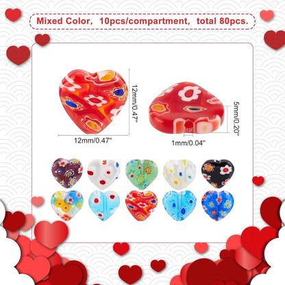 PH PandaHall 12mm Lampwork Flat Heart Glass Beads, 80 Pcs 8 Colors Millefiori Spacer Beads Love Heart Bead Charms for DIY Jewelry Bracelet Neclace Valentine's Mother's Day Birthday Gift