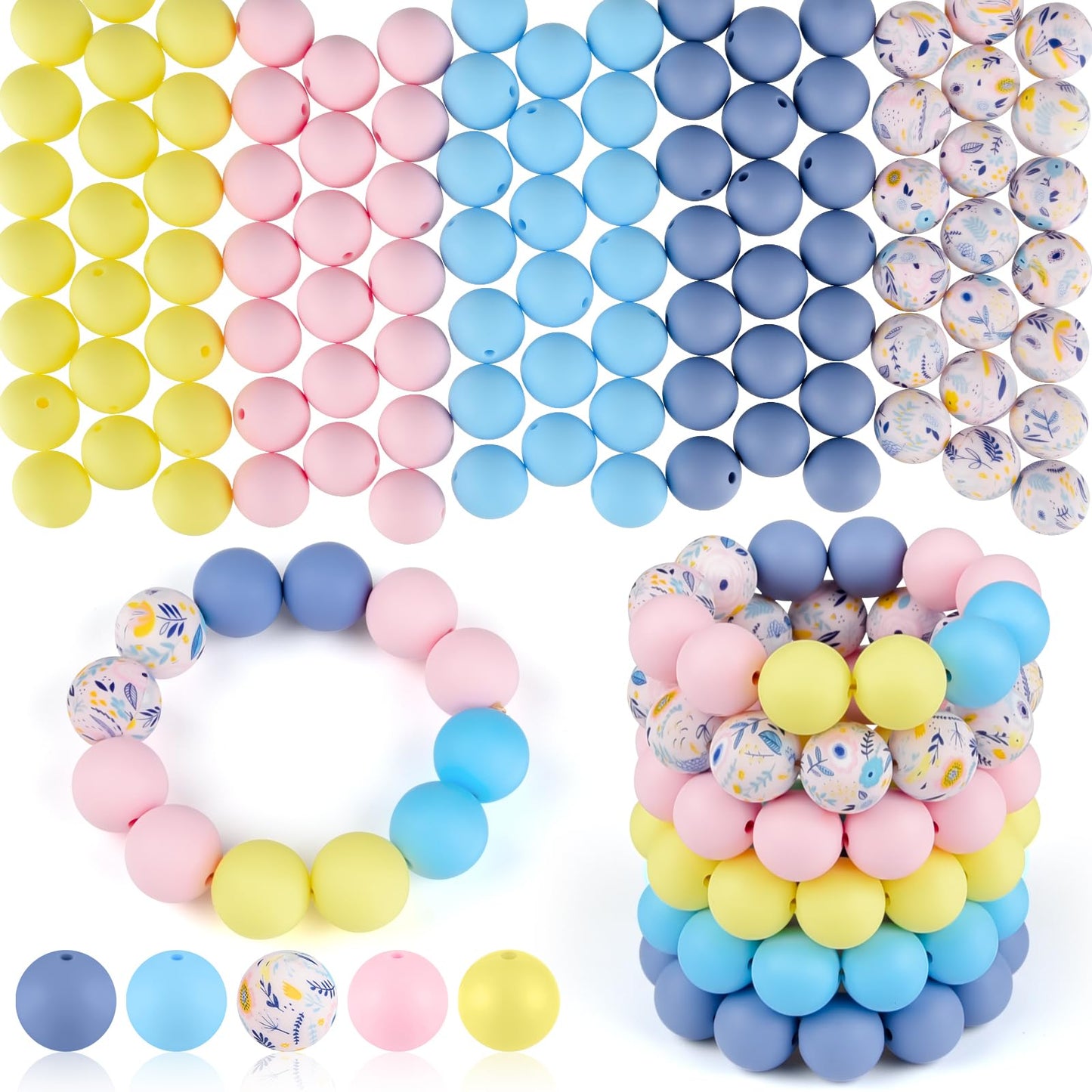 ASTARON 100 Pcs 15mm Silicone Beads for Keychain Making, White Blue Silicone Round Beads Bulk for Bracelets Pens Crafts Supplies
