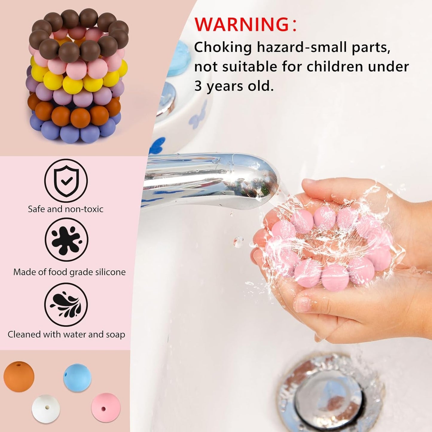 ASTARON 100 Pcs 15mm Silicone Beads for Keychain Making, Yellow Green Blue Pink Silicone Bulk Round Beads for Bracelets Pens Crafts