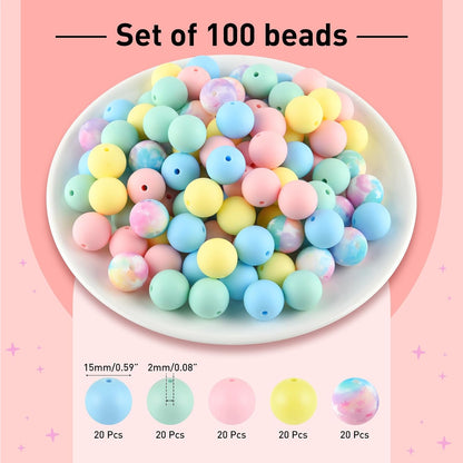 ASTARON 100 Pcs 15mm Silicone Beads for Keychain Making, Yellow Green Blue Pink Silicone Bulk Round Beads for Bracelets Pens Crafts