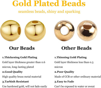PH PandaHall 14K Gold Plated Spacer Beads, 300pcs Round Brass Beads 5 Size Metal Smooth Beads Seamless Ball Beads Long-lasting Little Beads for Summer Bracelet Necklace Jewelry DIY Crafts(2/3/4/5/6mm)
