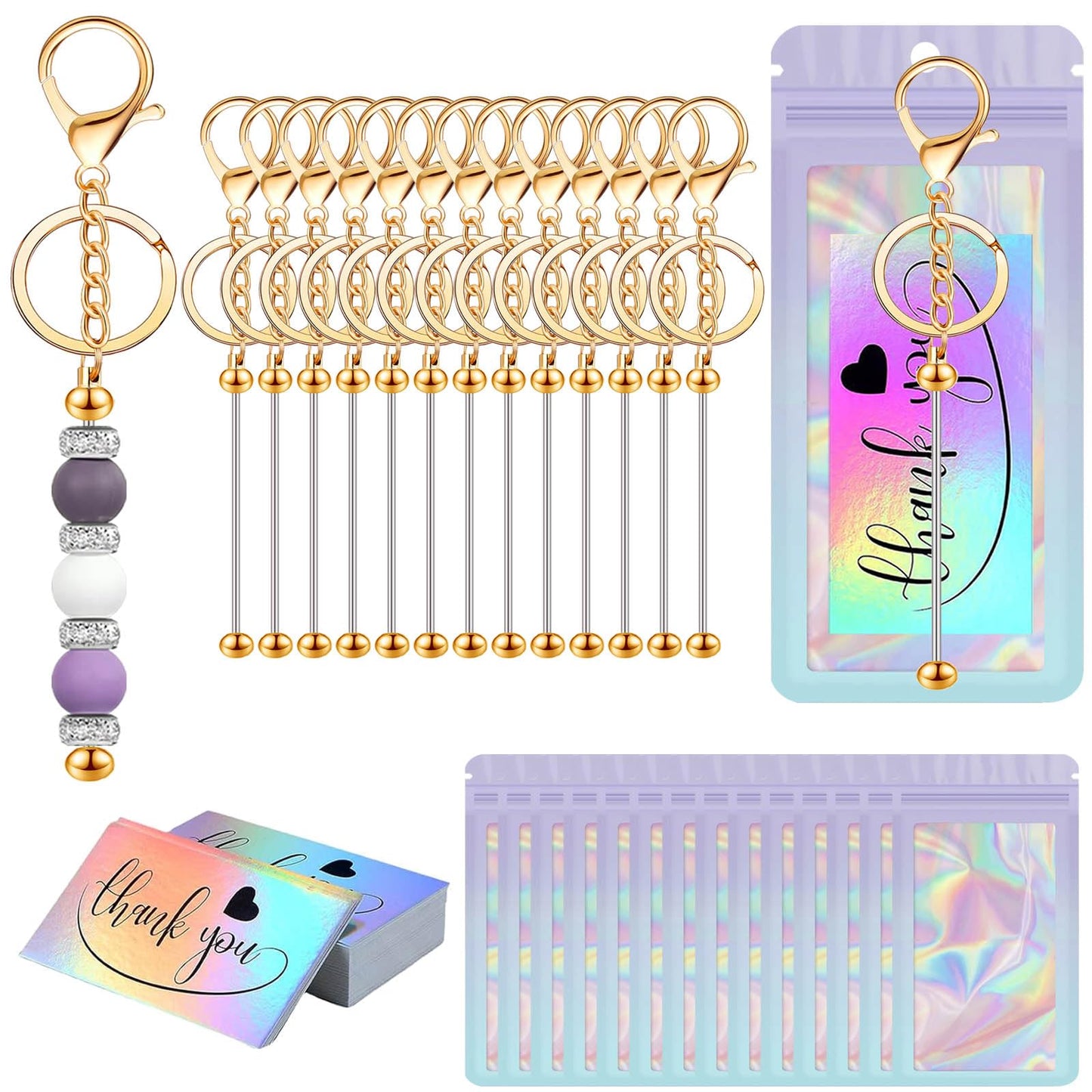 42/84/126 Pcs Beadable Keychain Bars Bulk Blank DIY Beaded Keychain Making Supplies with Bag Thank You Card