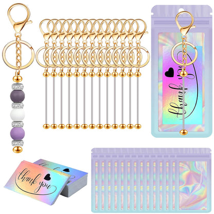 42/84/126 Pcs Beadable Keychain Bars Bulk Blank DIY Beaded Keychain Making Supplies with Bag Thank You Card