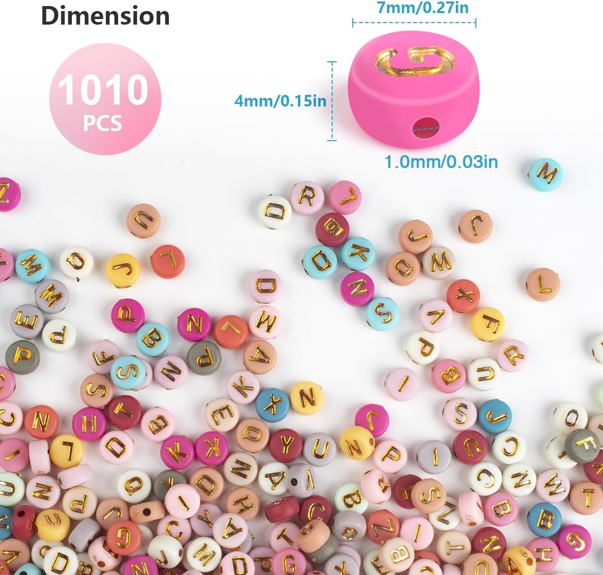 SUTOUG 1010PCS Colourful Letter Beads for Threading, 4 x 7 MM Acrylic Round Beads for Jewellery DIY Making Crafts Bracelets Necklaces Ornaments-Gold