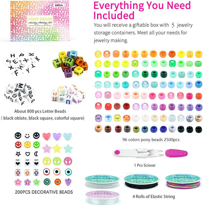 5 Boxes Bracelet Making Kit Pony Beads, 96 Colors 3500Pcs Kandi Beads for Bracelets with 800Pcs Letter Bead Friendship Bracelet Rave Accessories Craft Kits for Kids Adults Keychain Jewelry Making