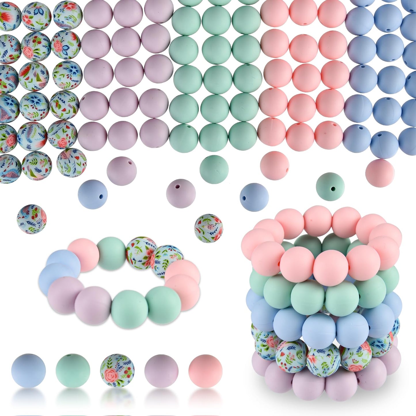 ASTARON 100 Pcs 15mm Silicone Beads for Keychain Making, White Blue Silicone Round Beads Bulk for Bracelets Pens Crafts Supplies