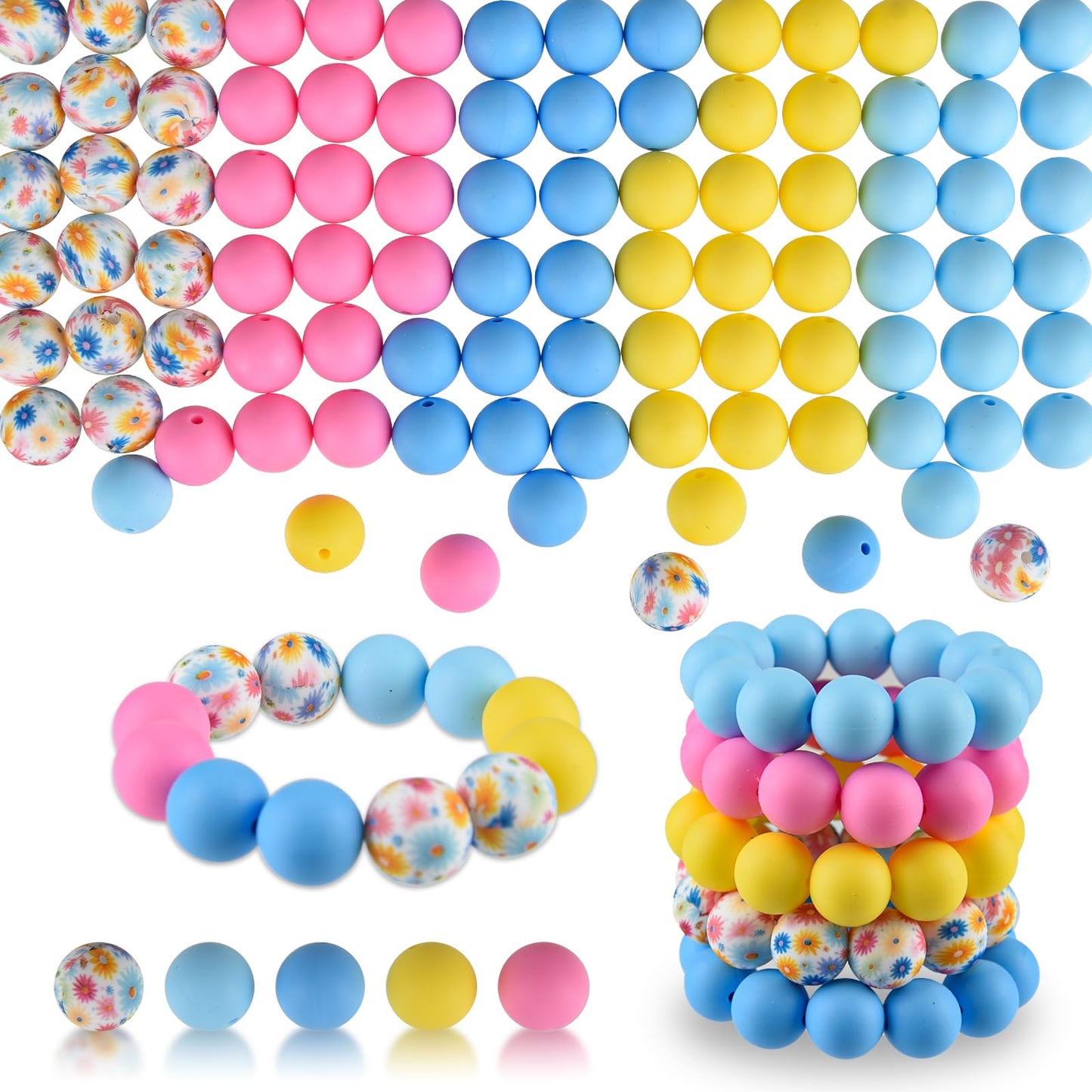 ASTARON 100 Pcs 15mm Silicone Beads for Keychain Making, White Blue Silicone Round Beads Bulk for Bracelets Pens Crafts Supplies
