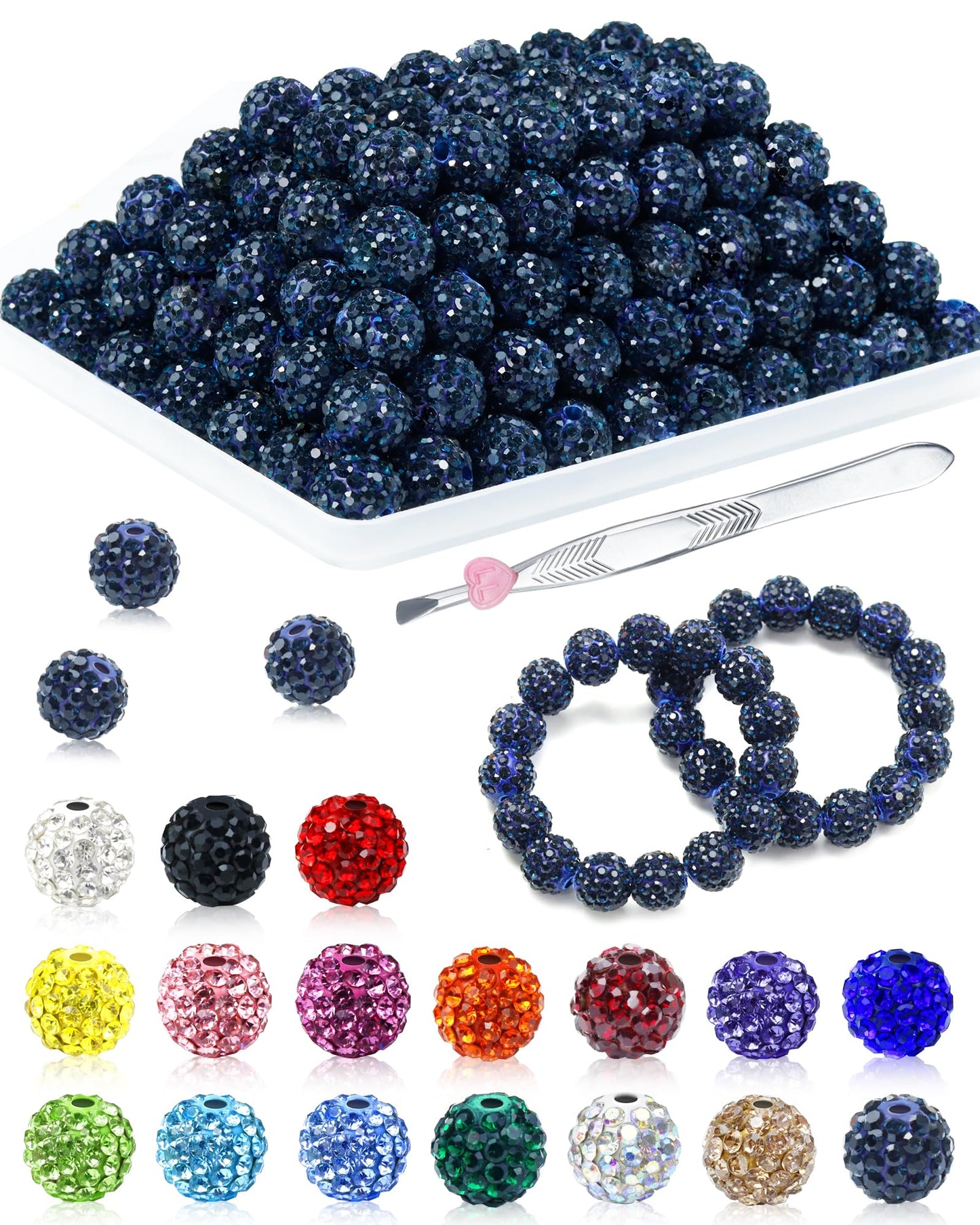 200PCS FIVEIZERO Rhinestone Beads for Jewelry Making, 15 Colors Round Sparkle Crystal Clay Bead Bulk Sparkly Baseball Necklace Beads for Bracelets and DIY Crafts