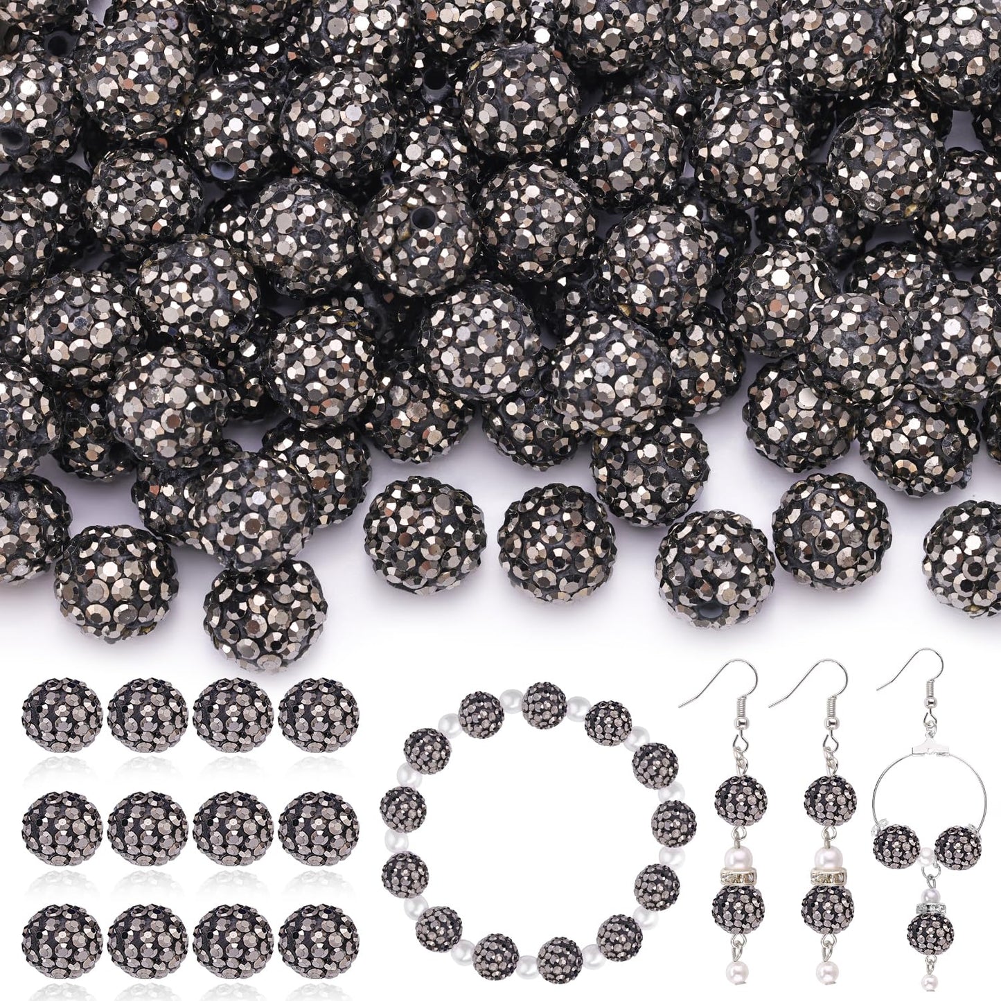 120 pcs 10mm Rhinestone Beads for Jewelry Making, 12 Mixed Colors Shiny Round Shamballa Disco Ball Beads, Sparkle Crystal Clay Christmas for Bracelet Baseball Necklace Earring and DIY