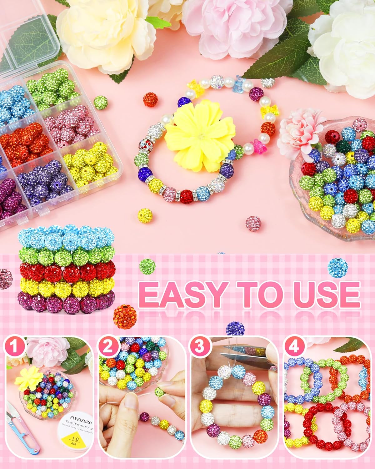 200PCS FIVEIZERO Rhinestone Beads for Jewelry Making, 15 Colors Round Sparkle Crystal Clay Bead Bulk Sparkly Baseball Necklace Beads for Bracelets and DIY Crafts