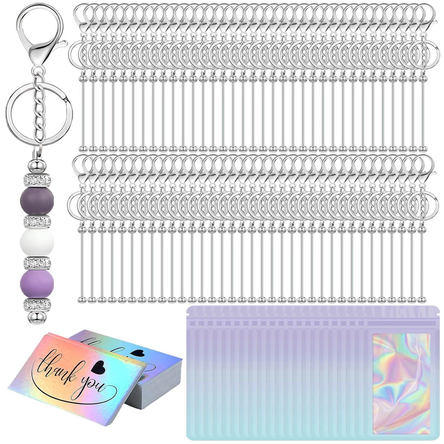 42/84/126 Pcs Beadable Keychain Bars Bulk Blank DIY Beaded Keychain Making Supplies with Bag Thank You Card