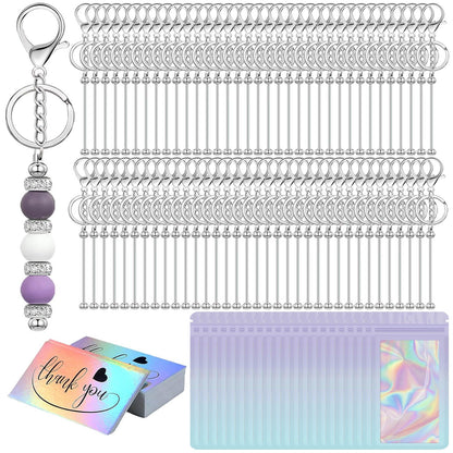 42/84/126 Pcs Beadable Keychain Bars Bulk Blank DIY Beaded Keychain Making Supplies with Bag Thank You Card