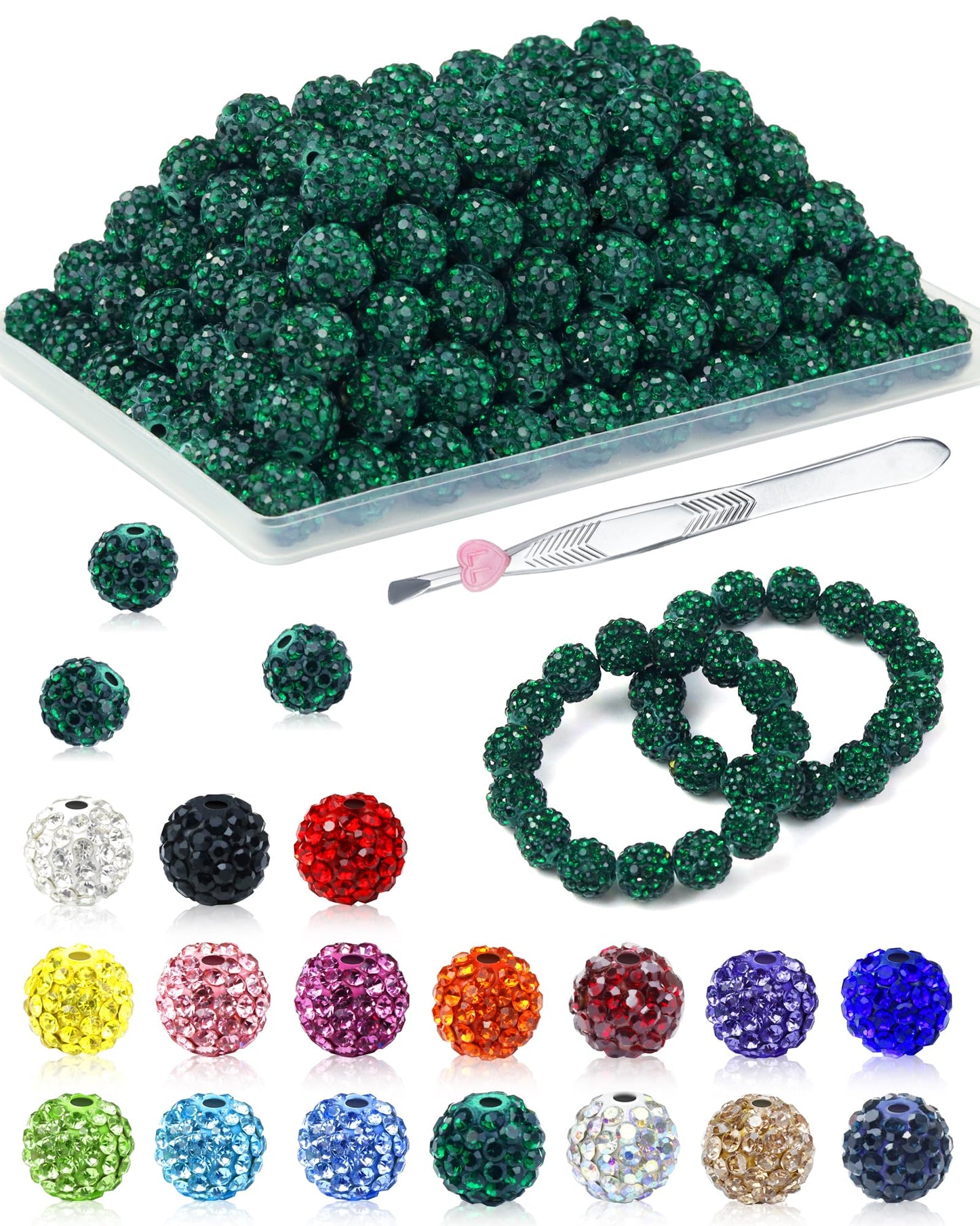 200PCS FIVEIZERO Rhinestone Beads for Jewelry Making, 15 Colors Round Sparkle Crystal Clay Bead Bulk Sparkly Baseball Necklace Beads for Bracelets and DIY Crafts