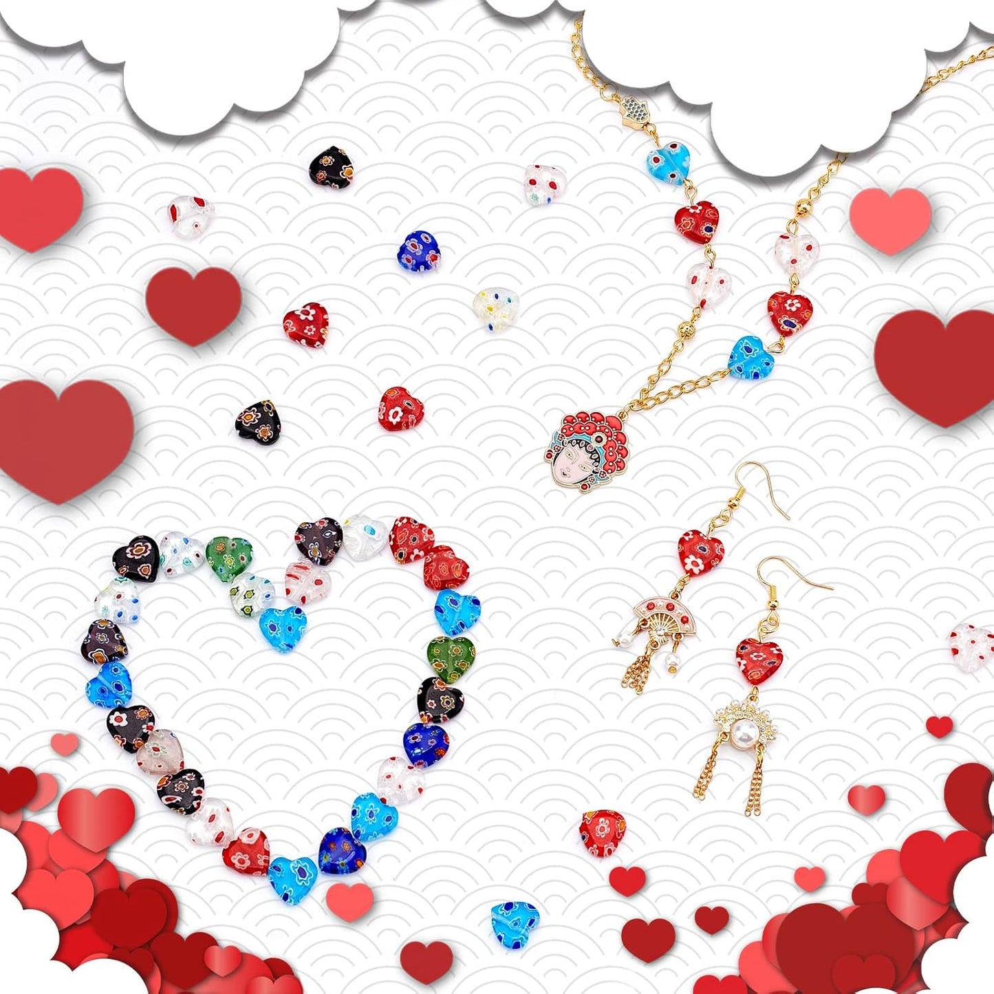 PH PandaHall 12mm Lampwork Flat Heart Glass Beads, 80 Pcs 8 Colors Millefiori Spacer Beads Love Heart Bead Charms for DIY Jewelry Bracelet Neclace Valentine's Mother's Day Birthday Gift