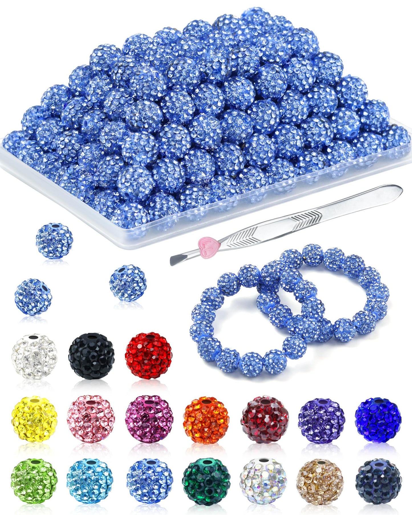 200PCS FIVEIZERO Rhinestone Beads for Jewelry Making, 15 Colors Round Sparkle Crystal Clay Bead Bulk Sparkly Baseball Necklace Beads for Bracelets and DIY Crafts
