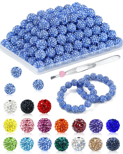 200PCS FIVEIZERO Rhinestone Beads for Jewelry Making, 15 Colors Round Sparkle Crystal Clay Bead Bulk Sparkly Baseball Necklace Beads for Bracelets and DIY Crafts