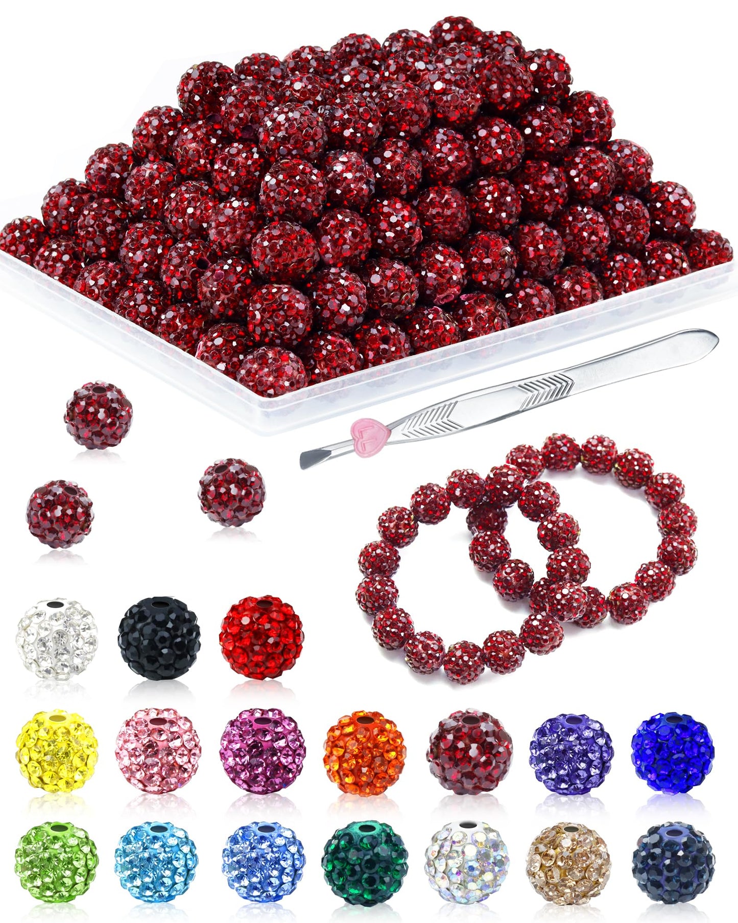 200PCS FIVEIZERO Rhinestone Beads for Jewelry Making, 15 Colors Round Sparkle Crystal Clay Bead Bulk Sparkly Baseball Necklace Beads for Bracelets and DIY Crafts