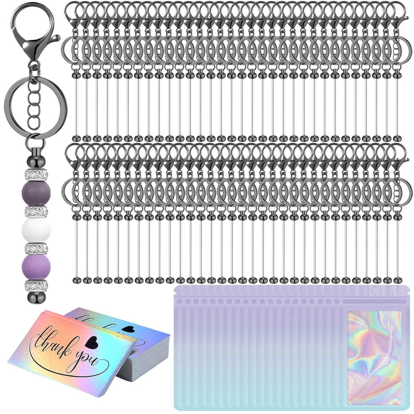 42/84/126 Pcs Beadable Keychain Bars Bulk Blank DIY Beaded Keychain Making Supplies with Bag Thank You Card