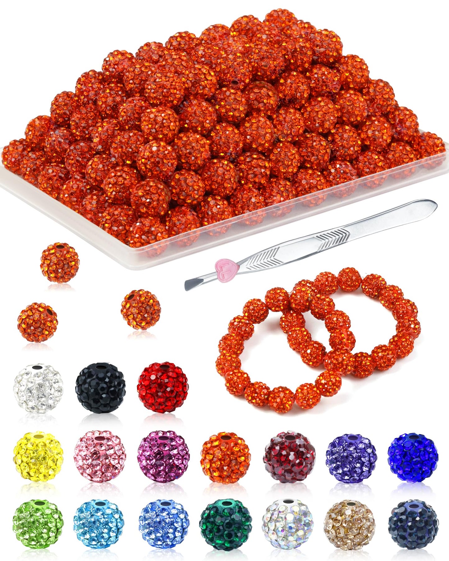 200PCS FIVEIZERO Rhinestone Beads for Jewelry Making, 15 Colors Round Sparkle Crystal Clay Bead Bulk Sparkly Baseball Necklace Beads for Bracelets and DIY Crafts
