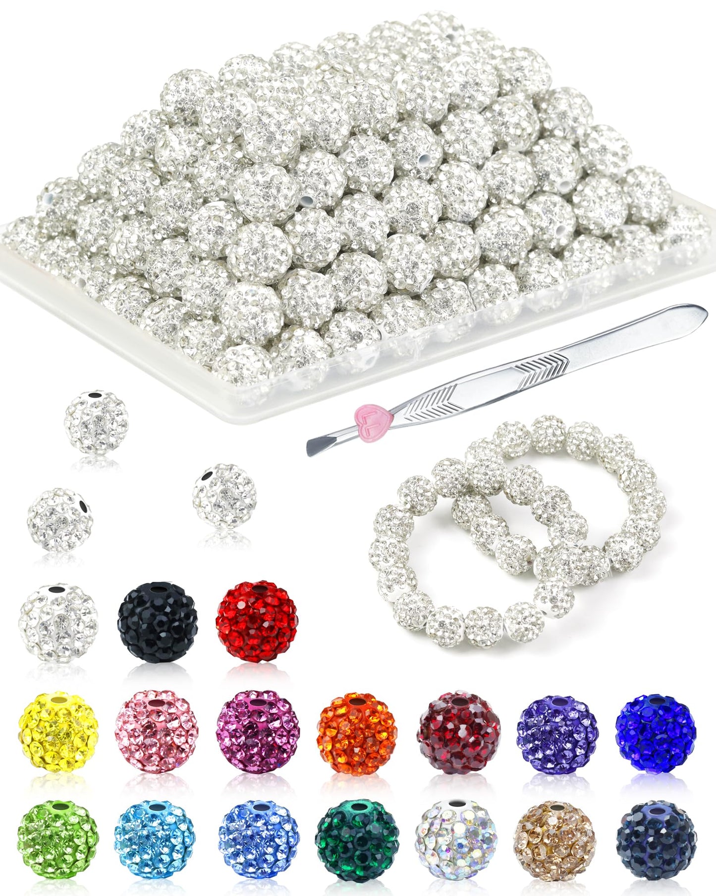 200PCS FIVEIZERO Rhinestone Beads for Jewelry Making, 15 Colors Round Sparkle Crystal Clay Bead Bulk Sparkly Baseball Necklace Beads for Bracelets and DIY Crafts