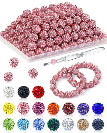 200PCS FIVEIZERO Rhinestone Beads for Jewelry Making, 15 Colors Round Sparkle Crystal Clay Bead Bulk Sparkly Baseball Necklace Beads for Bracelets and DIY Crafts