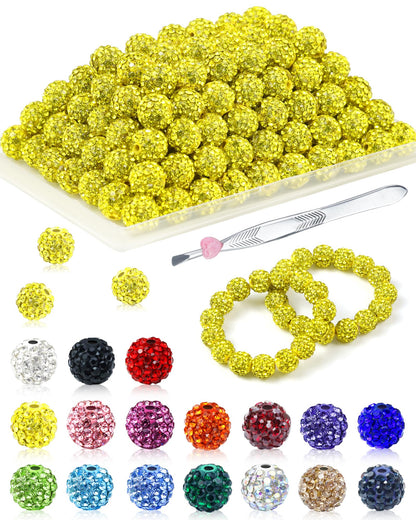 200PCS FIVEIZERO Rhinestone Beads for Jewelry Making, 15 Colors Round Sparkle Crystal Clay Bead Bulk Sparkly Baseball Necklace Beads for Bracelets and DIY Crafts