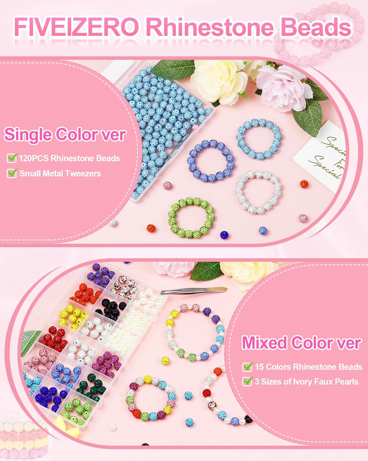 200PCS FIVEIZERO Rhinestone Beads for Jewelry Making, 15 Colors Round Sparkle Crystal Clay Bead Bulk Sparkly Baseball Necklace Beads for Bracelets and DIY Crafts