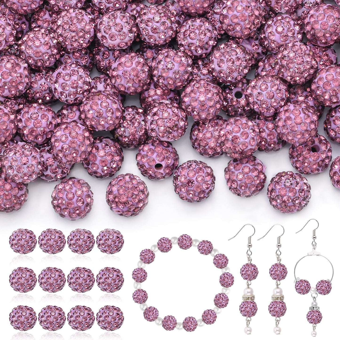 120 pcs 10mm Rhinestone Beads for Jewelry Making, 12 Mixed Colors Shiny Round Shamballa Disco Ball Beads, Sparkle Crystal Clay Christmas for Bracelet Baseball Necklace Earring and DIY