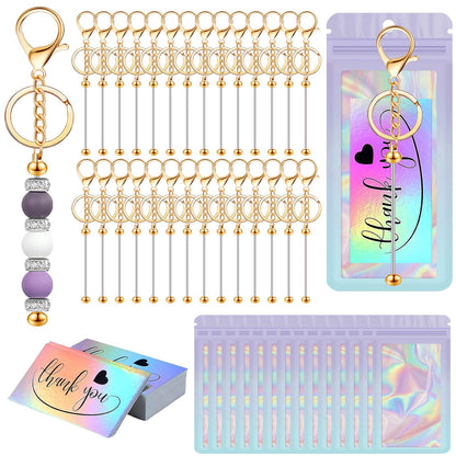 42/84/126 Pcs Beadable Keychain Bars Bulk Blank DIY Beaded Keychain Making Supplies with Bag Thank You Card