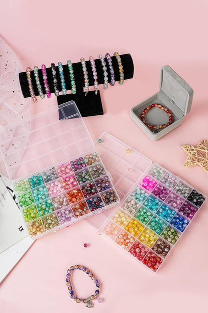 REVKI 1300PCS 8mm Mixed Crackle Glass Beads for Bracelets Making with Accessories, 48 Colors Crystal Glass Beads Jewelry Making Kit, Round Beads for DIY Bracelet Crafts