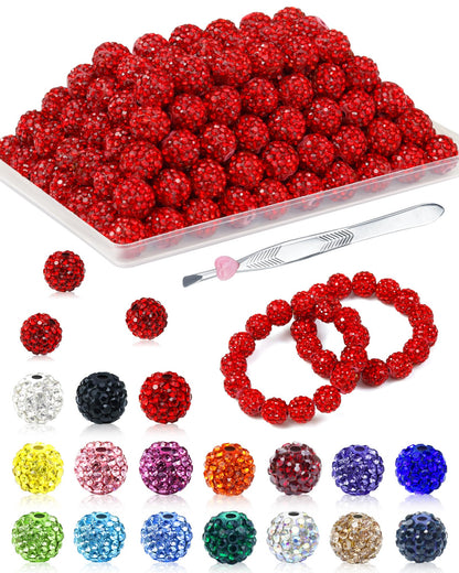 200PCS FIVEIZERO Rhinestone Beads for Jewelry Making, 15 Colors Round Sparkle Crystal Clay Bead Bulk Sparkly Baseball Necklace Beads for Bracelets and DIY Crafts