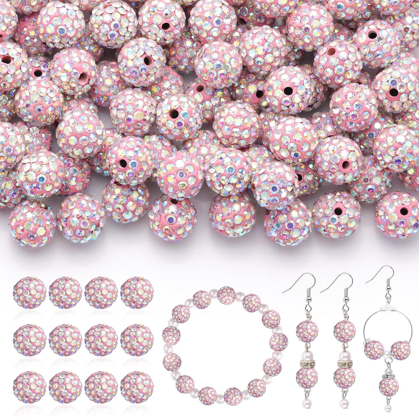 120 pcs 10mm Rhinestone Beads for Jewelry Making, 12 Mixed Colors Shiny Round Shamballa Disco Ball Beads, Sparkle Crystal Clay Christmas for Bracelet Baseball Necklace Earring and DIY