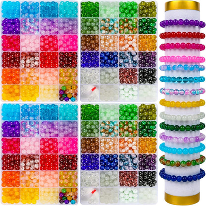 XSEINO 2400 PCS 8mm Glass Beads Bracelet Making Kit, 47 Colors Crystal Beads for Jewelry Making and DIY Crafts，4 Box Round Beads