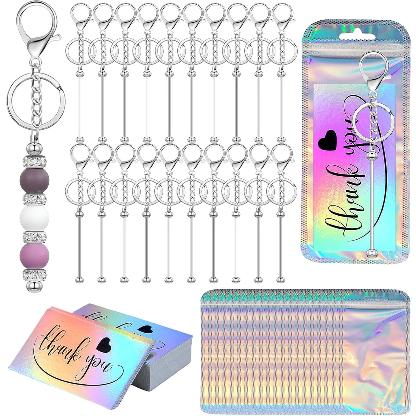 42/84/126 Pcs Beadable Keychain Bars Bulk Blank DIY Beaded Keychain Making Supplies with Bag Thank You Card