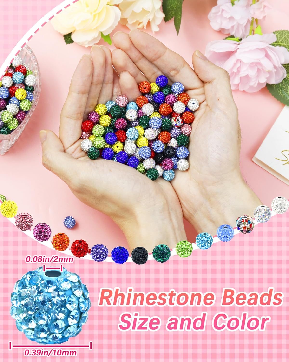 200PCS FIVEIZERO Rhinestone Beads for Jewelry Making, 15 Colors Round Sparkle Crystal Clay Bead Bulk Sparkly Baseball Necklace Beads for Bracelets and DIY Crafts
