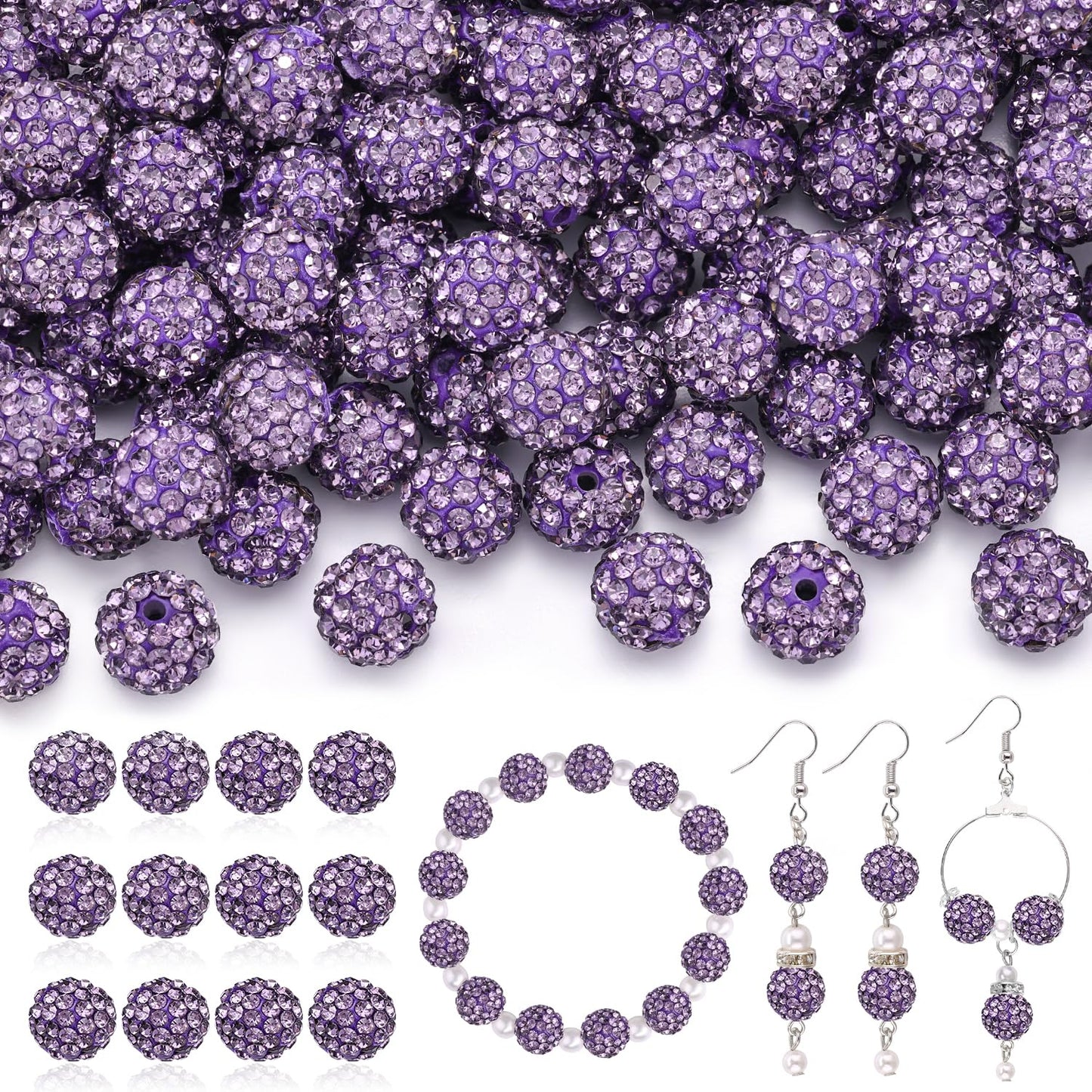 120 pcs 10mm Rhinestone Beads for Jewelry Making, 12 Mixed Colors Shiny Round Shamballa Disco Ball Beads, Sparkle Crystal Clay Christmas for Bracelet Baseball Necklace Earring and DIY