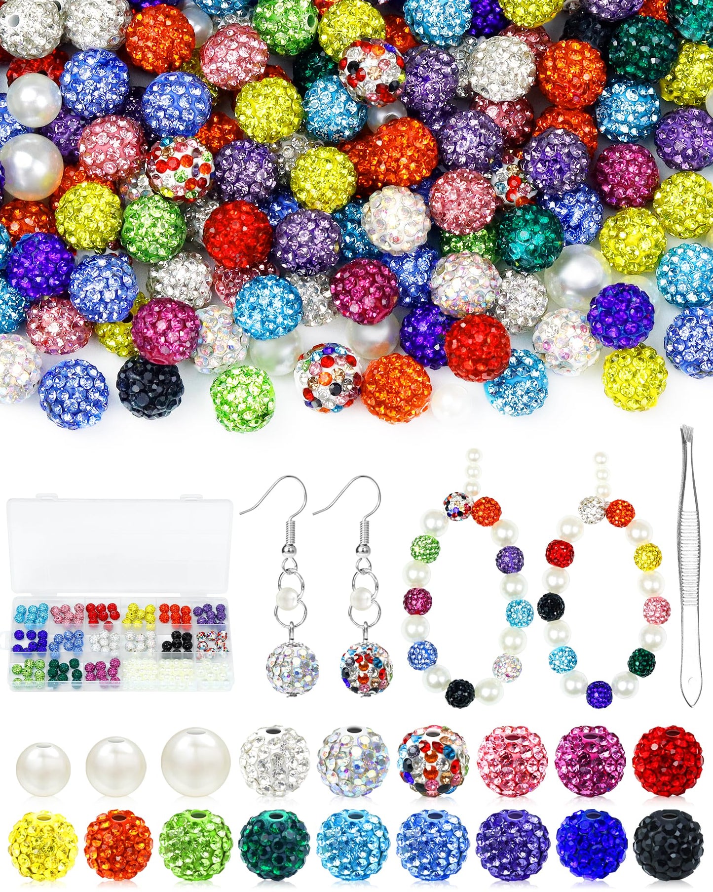 200PCS FIVEIZERO Rhinestone Beads for Jewelry Making, 15 Colors Round Sparkle Crystal Clay Bead Bulk Sparkly Baseball Necklace Beads for Bracelets and DIY Crafts